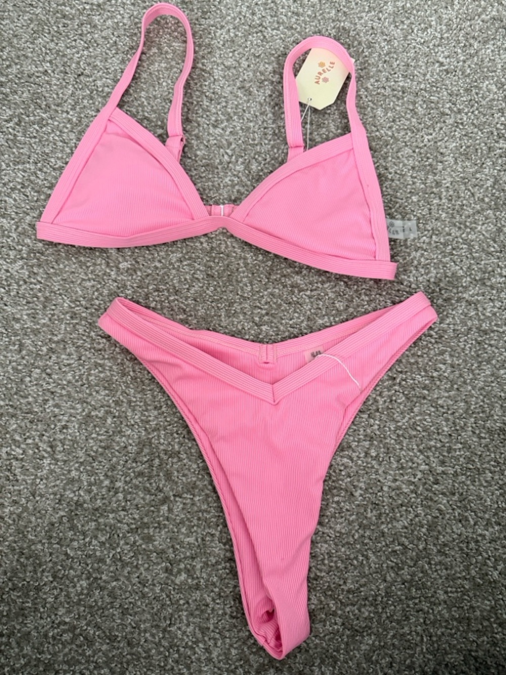 Aurelle Pink Ribbed Triangle Bikini Set